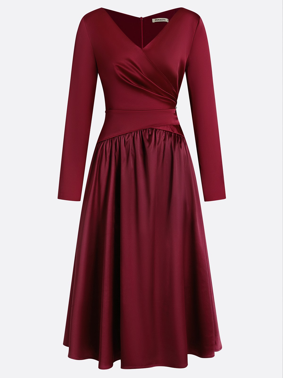 Burgundy Ruched Satin V Neck Long Sleeve A-Line Midi Dress