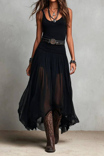 Black Sleeveless Tank Top With Tulle Skirt Maxi Dress