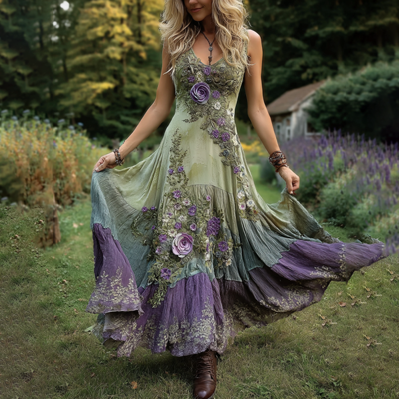 Classy Gradient Purple Lavender And Floral Embroidered Linen Maxi Dress 06e3
