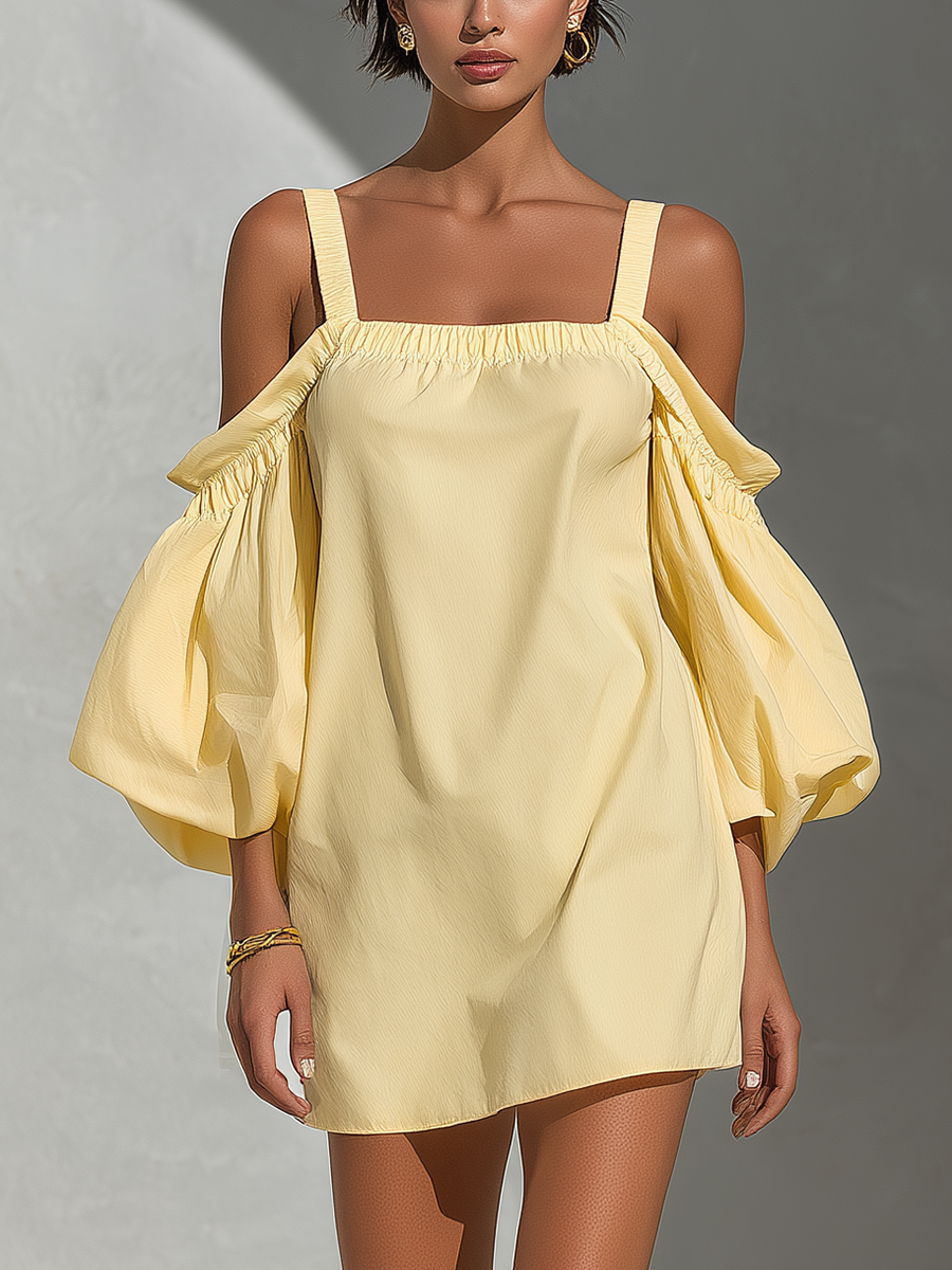 Women’s Yellow Cotton-Linen Blend Off-Shoulder Puff Sleeve Mini Dress With Square Neckline MDZ2847D1T