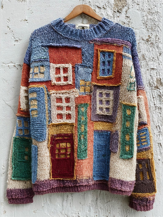 Vintage Street Building Inspired Colorblock Cozy Knit Sweater
