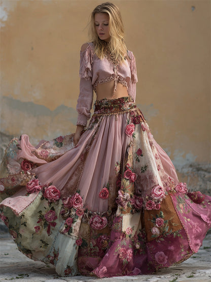 Pink Roses Embroidered Boho Floral Patchwork Flowy Wide Skirt