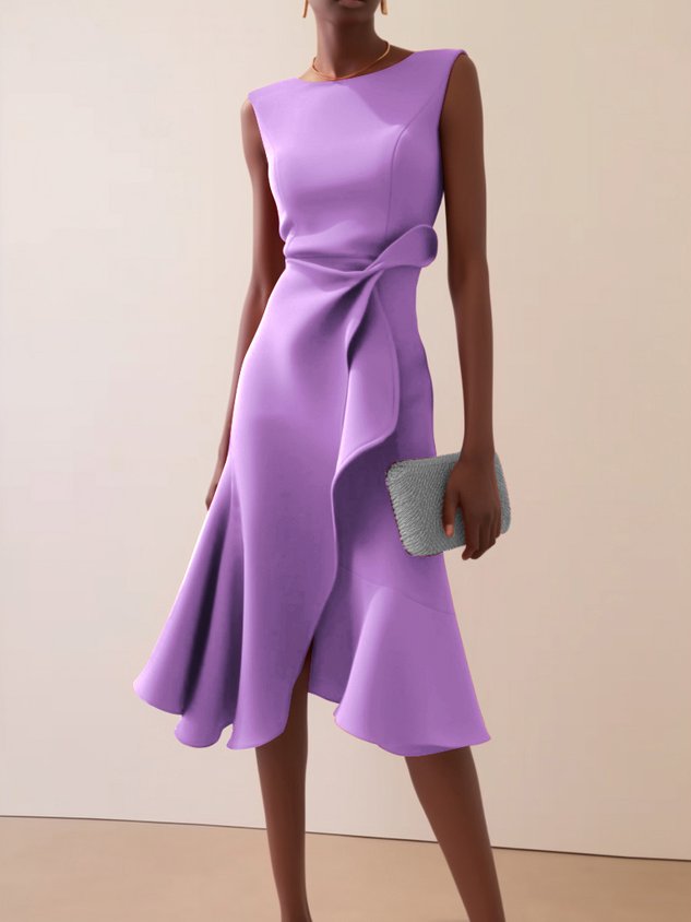 Red Asymmetric Ruffled Classic Boat Neck Sleeveless Midi Elegant A-line Dress with Waist Twist for Day-to-Night