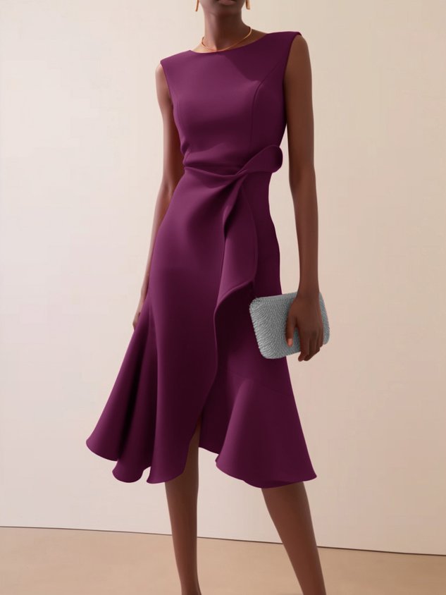 Red Asymmetric Ruffled Classic Boat Neck Sleeveless Midi Elegant A-line Dress with Waist Twist for Day-to-Night