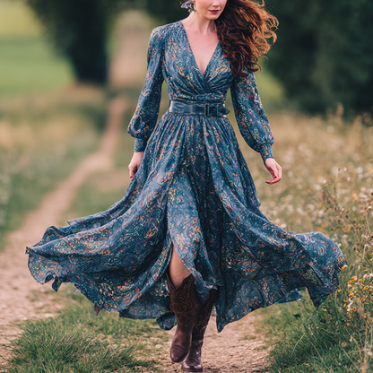 Flowy Chiffon Maxi Dress With Floral Print V-Neck Long Sleeve Boho Style Wrap Dress For Women