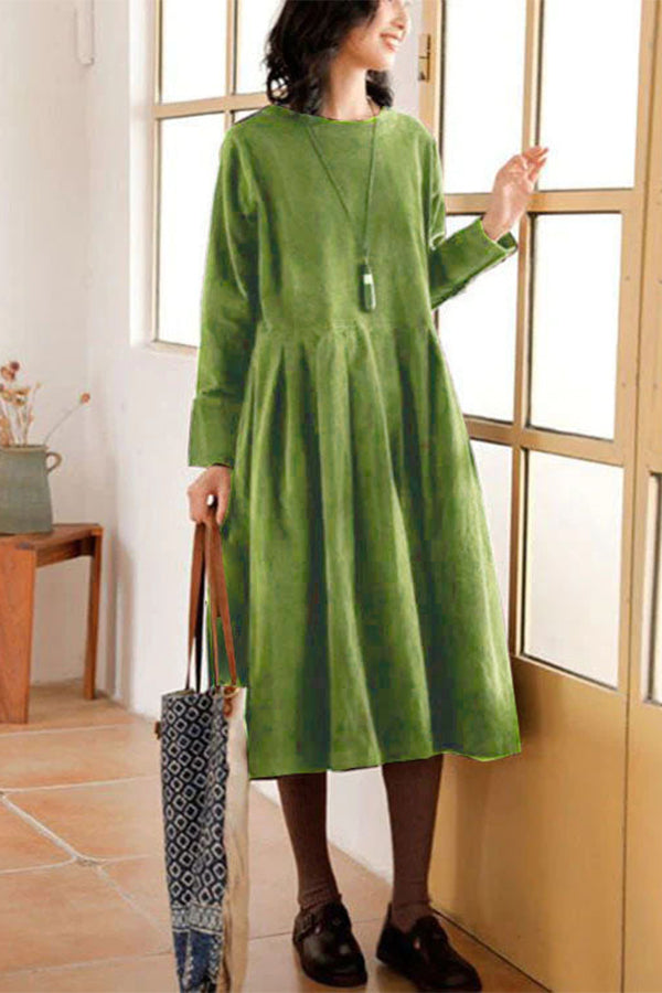 French Blue Plus Size Corduroy Dress Pockets Button Patchwork Fall Dresses