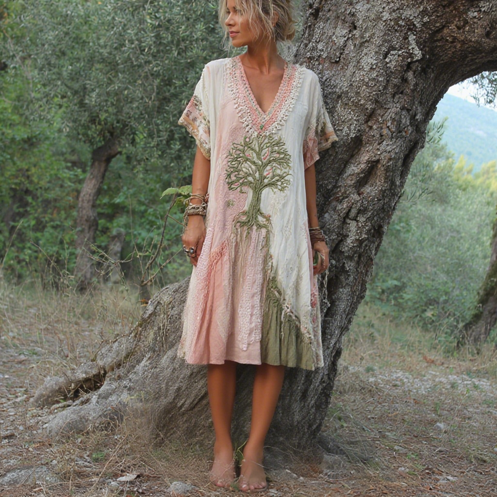 Women's Retro Tree Of Life Pattern Short Sleeve Midi Dress