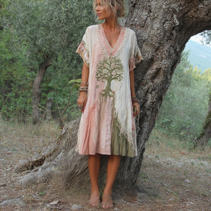 Women's Retro Tree Of Life Pattern Short Sleeve Midi Dress