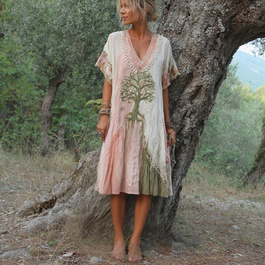 Women's Retro Tree Of Life Pattern Short Sleeve Midi Dress