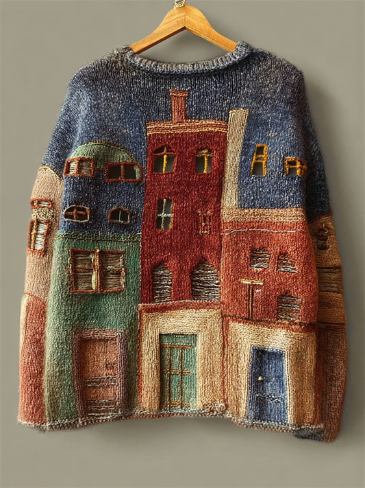 Vintage Street Building Inspired Contrast Color Cozy Knit Sweater
