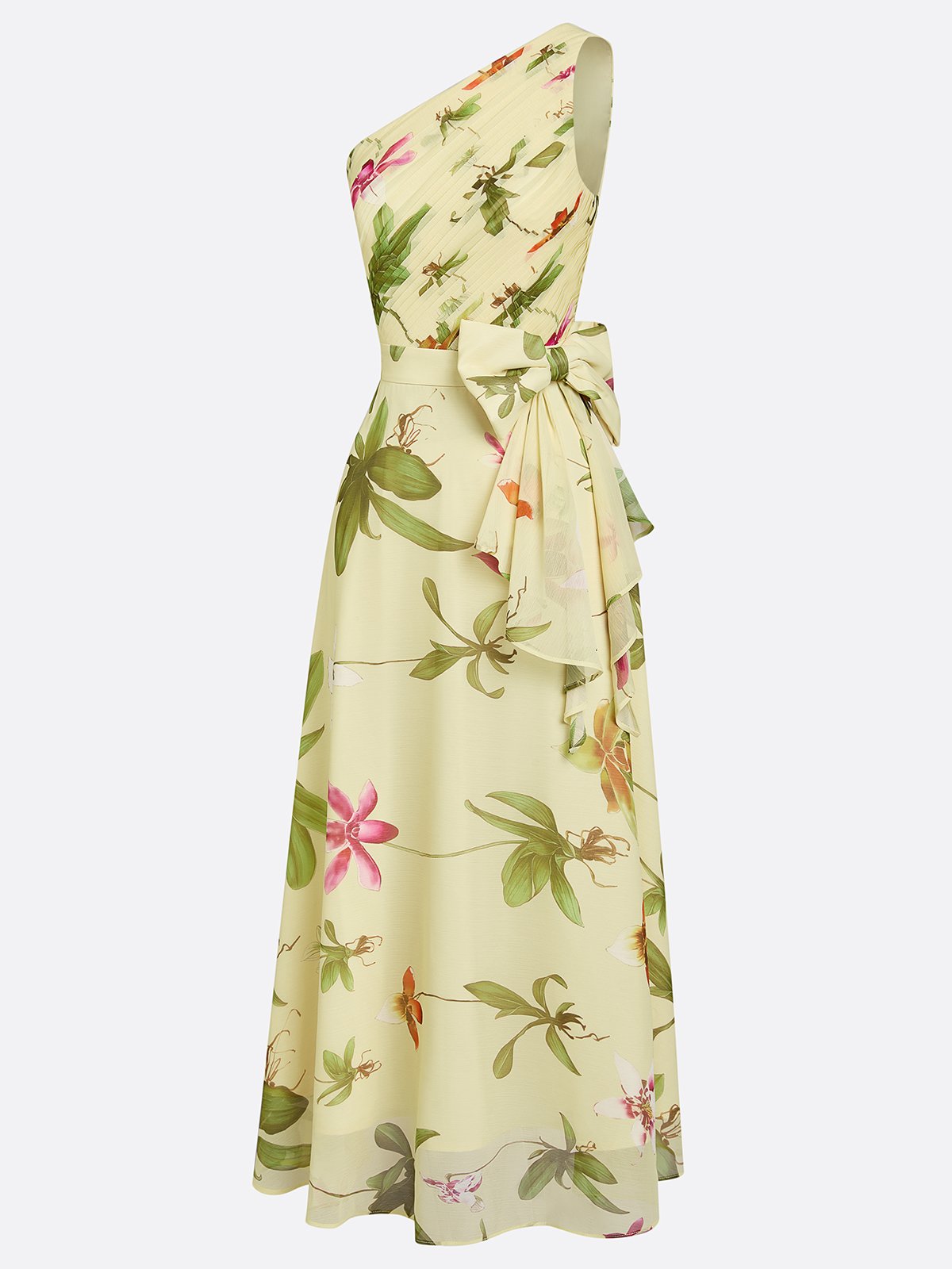 Yellow Floral Bow Chiffon One Shoulder Sleeveless A-Line Maxi Dress