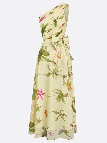 Yellow Floral Bow Chiffon One Shoulder Sleeveless A-Line Maxi Dress