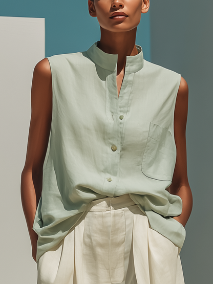 Women’s Mint Green Sleeveless Stand-Collar Linen Shirt & Beige Pleated Wide-Leg Shorts Two-Piece Set MDZ2848D9T