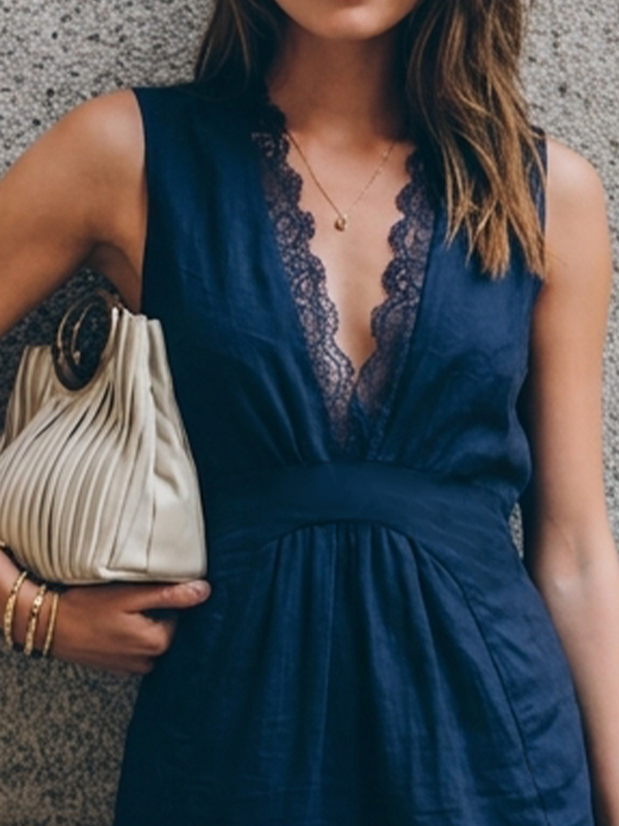 Women's Retro Blue Cotton Linen Patchwork Lace Deep V Pleated Sleeveless Short Dress MDZ2868D6GMJ