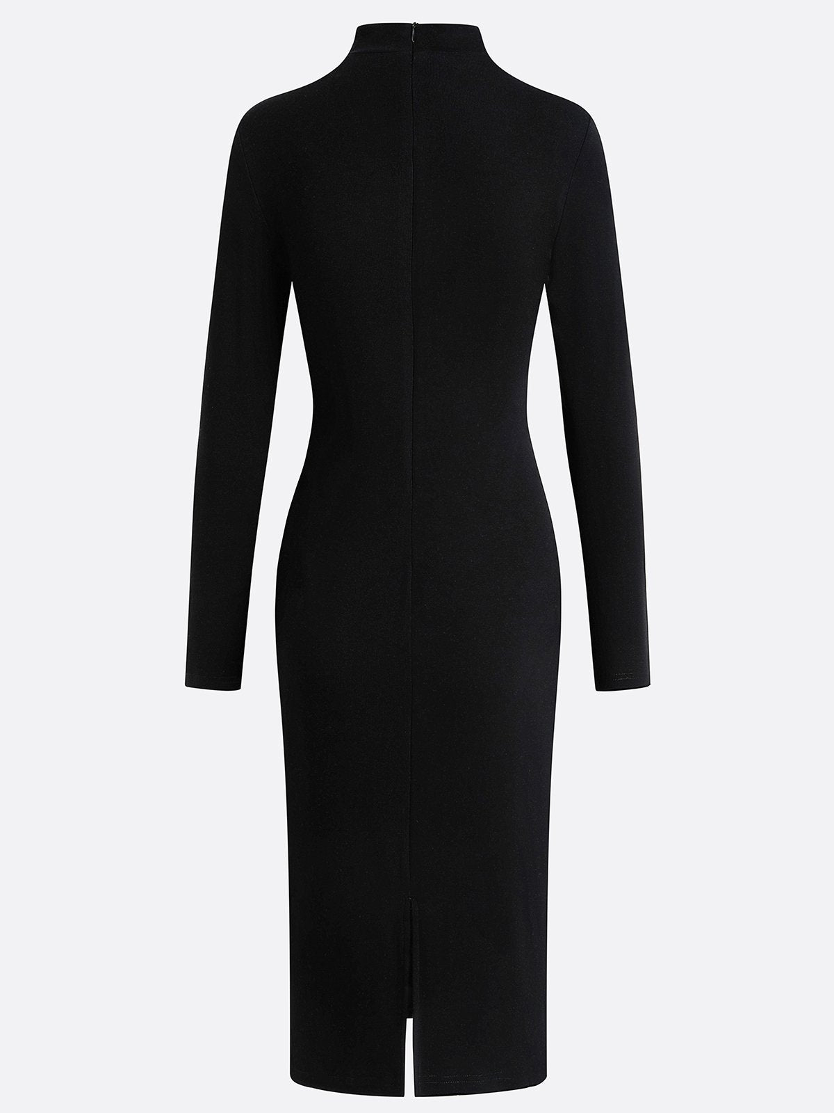 Black Rhinestone Cut Out Knit Mock Neck Long Sleeve Sheath Midi Dress