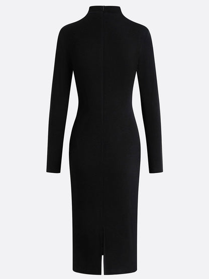 Black Rhinestone Cut Out Knit Mock Neck Long Sleeve Sheath Midi Dress