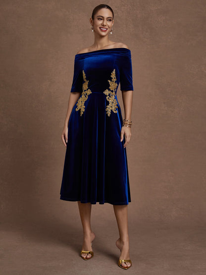 Deep Blue Applique Gathered Velvet Off The Shoulder Half Sleeve A-Line Midi Dress