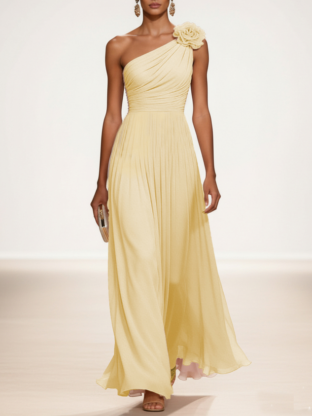 Yellow 3D Floral Gathered Chiffon One Shoulder Sleeveless A-Line Maxi Dress