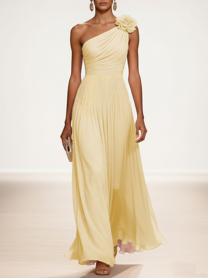 Yellow 3D Floral Gathered Chiffon One Shoulder Sleeveless A-Line Maxi Dress