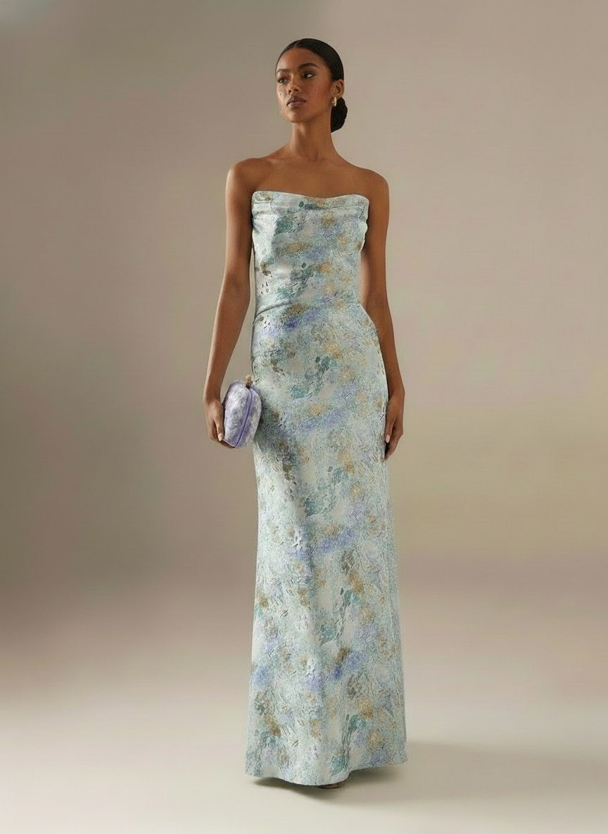 Light Blue Floral Jacquard Satin Strapless Sleeveless Sheath Floor Length Dress