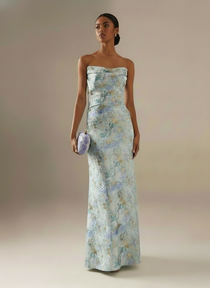 Light Blue Floral Jacquard Satin Strapless Sleeveless Sheath Floor Length Dress