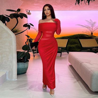 Solid color off-the-shoulder pleated transparent mesh dress
