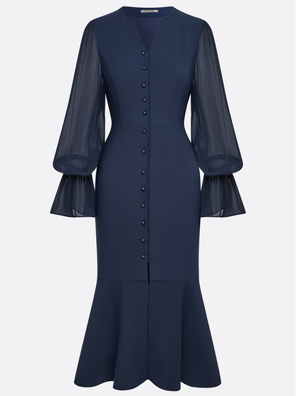 Purplish Blue Buckle Classic V Neck Long Sleeve Bell Sleeve Mermaid Midi Dress