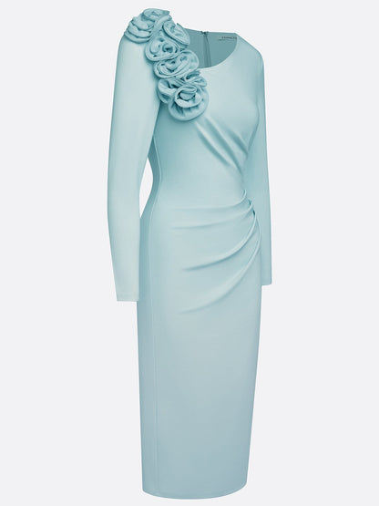 Light Blue 3D Floral Ruched Knit Asymmetrical Long Sleeve Sheath Midi Dress