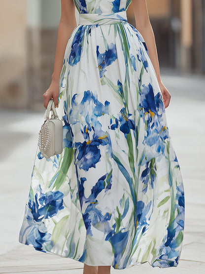 Elegant Watercolor Iris Print Square Neck Maxi Dress