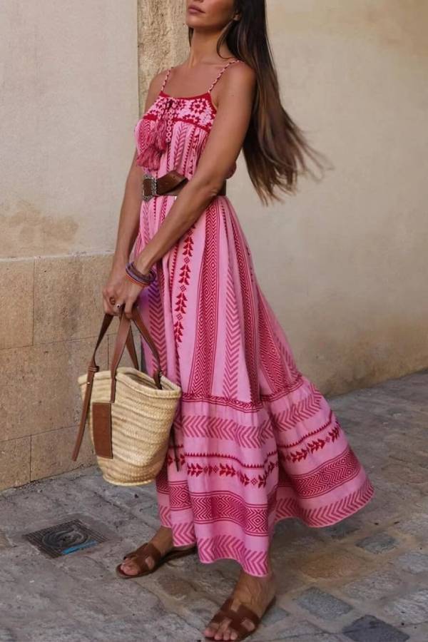 Ethnic Style Crochet Patchwork Knitted Slip Maxi Dress