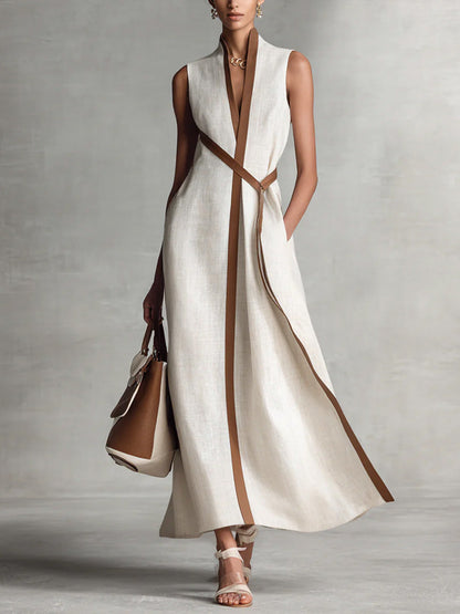 Women’s Stand-Up Collar Sleeveless Casual Loose Cotton and Linen Dress