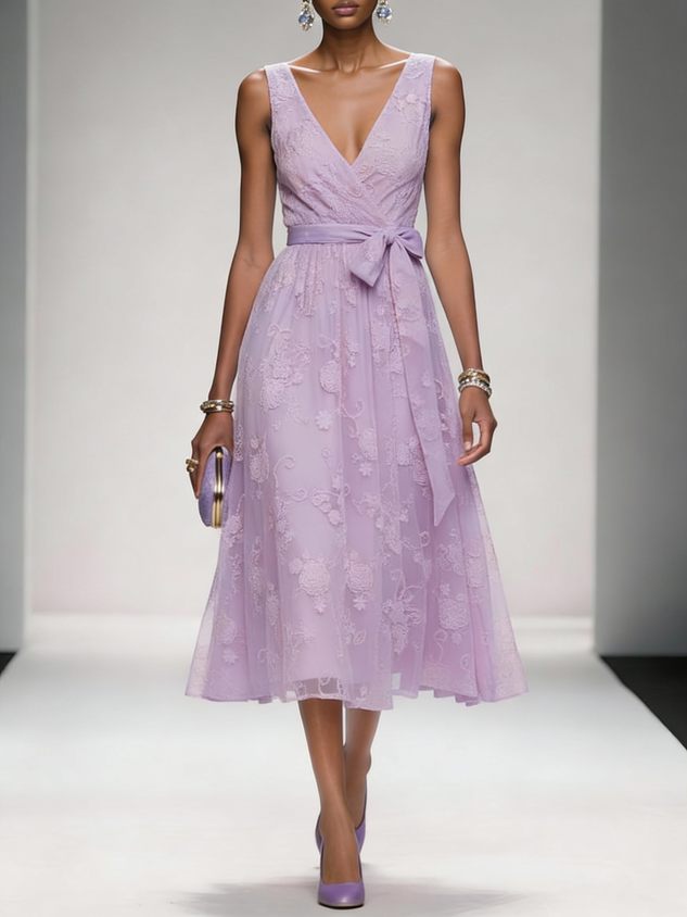 Light Pink Bow Embroidery Classic V Neck Sleeveless A-Line Midi Dress With Pockets