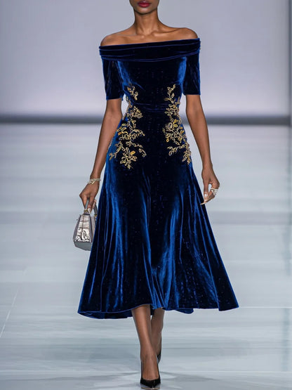 Deep Blue Applique Gathered Velvet Off The Shoulder Half Sleeve A-Line Midi Dress