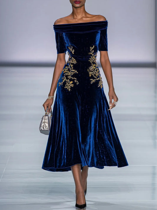 Deep Blue Applique Gathered Velvet Off The Shoulder Half Sleeve A-Line Midi Dress