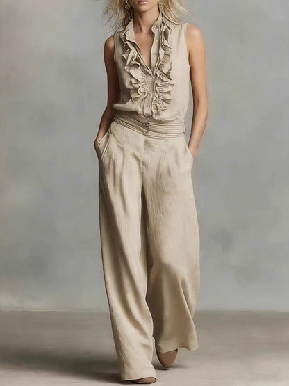 Women's Simple Linen Sleeveless Casual Shirt And Wide-leg Pants Set
