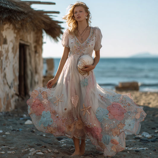 Boh¨¨me Marine Biological Art Pink V-neck Dress