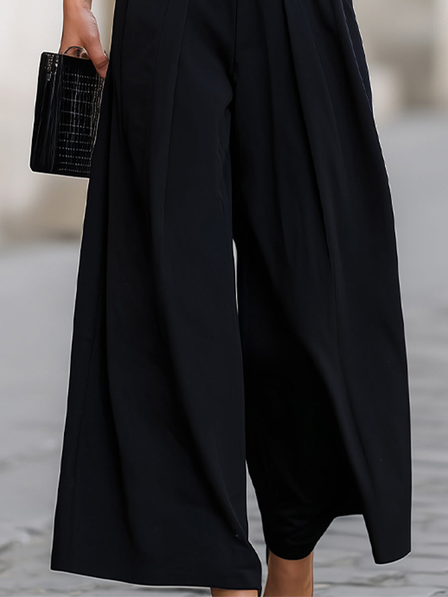 Black High-Waisted Pleated Wide-Leg Trousers