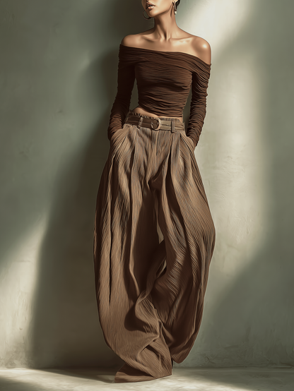 Women's Fashionable And Sexy Dark Brown Wide-leg Trousers (belt Not Included) MDA2974K4AN