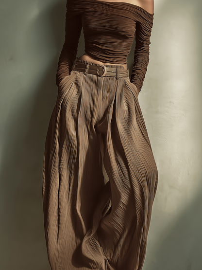 Women's Fashionable And Sexy Dark Brown Wide-leg Trousers (belt Not Included) MDA2974K4AN