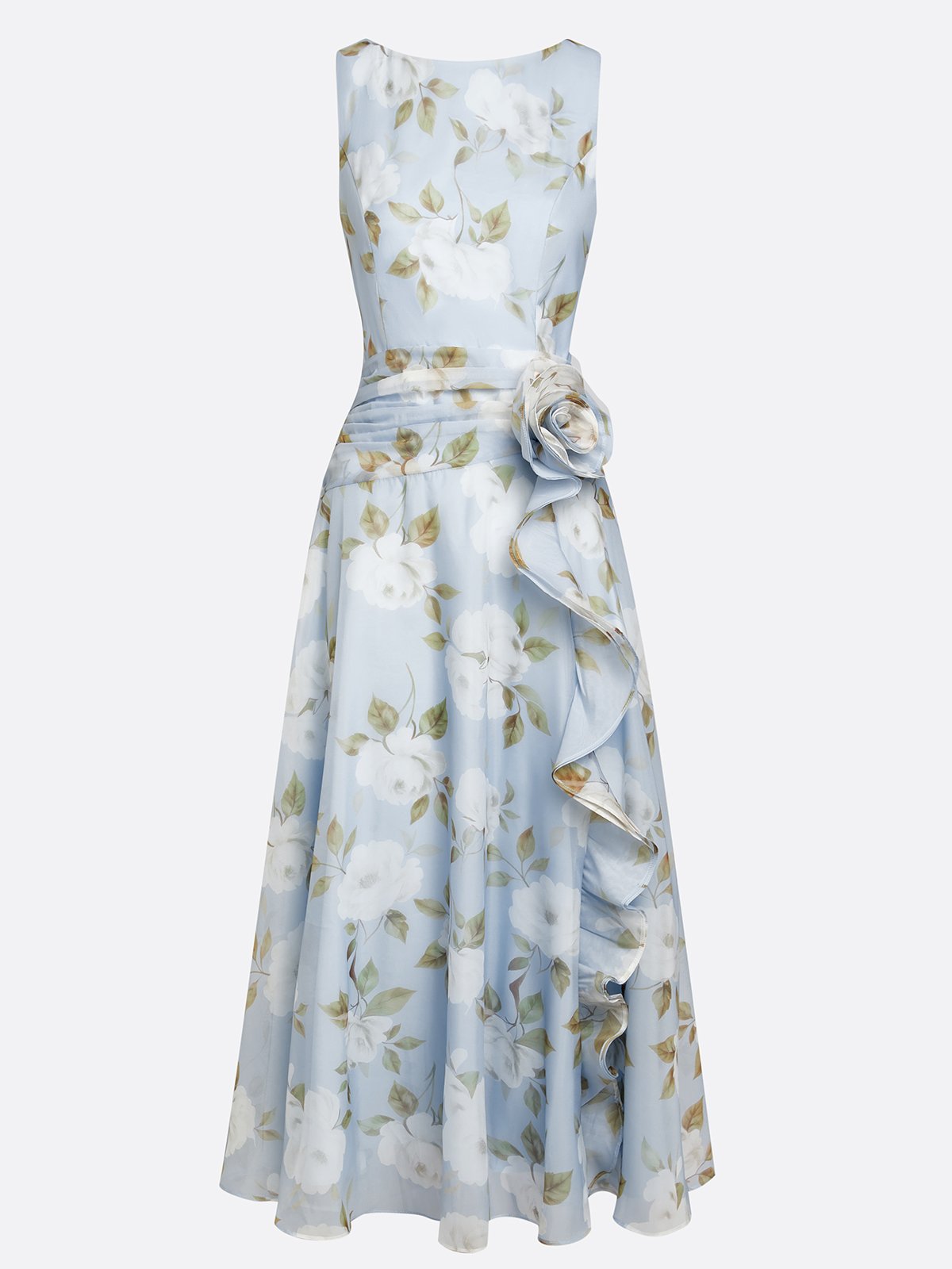 Light Blue 3D Floral Chiffon Boat Neck Sleeveless A-Line Midi Dress