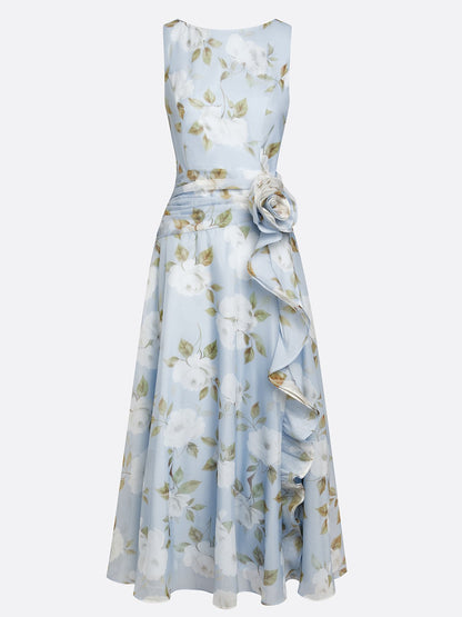 Light Blue 3D Floral Chiffon Boat Neck Sleeveless A-Line Midi Dress