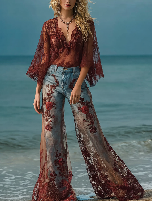 Beach color contrast retro top + pants set 1641
