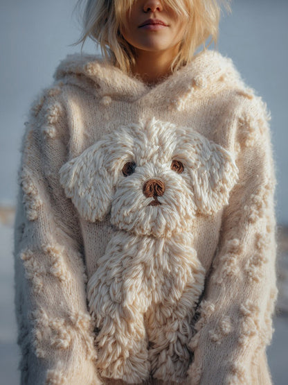 Cute Fuzzy Dog Embroidered Cozy Hooded Sweater
