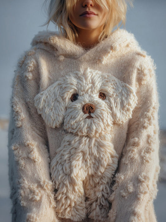 Cute Fuzzy Dog Embroidered Cozy Hooded Sweater