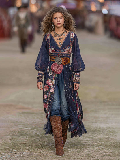 Bohemian Floral Print Chiffon Long Dress With V-Neck And Puff Sleeves For Women
