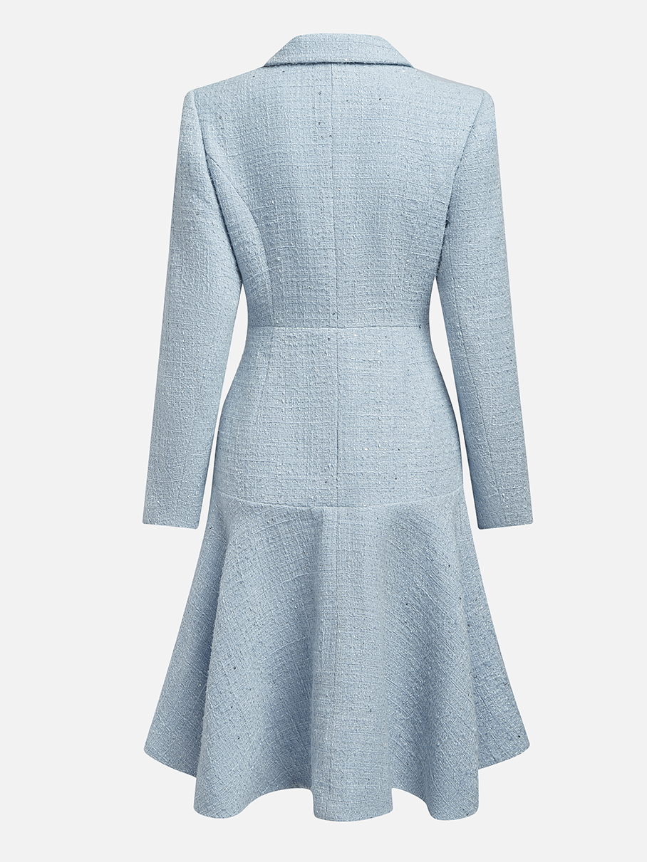 Light Blue Lapel Collar Pocket A-Line Midi Tweed Blazer Dress