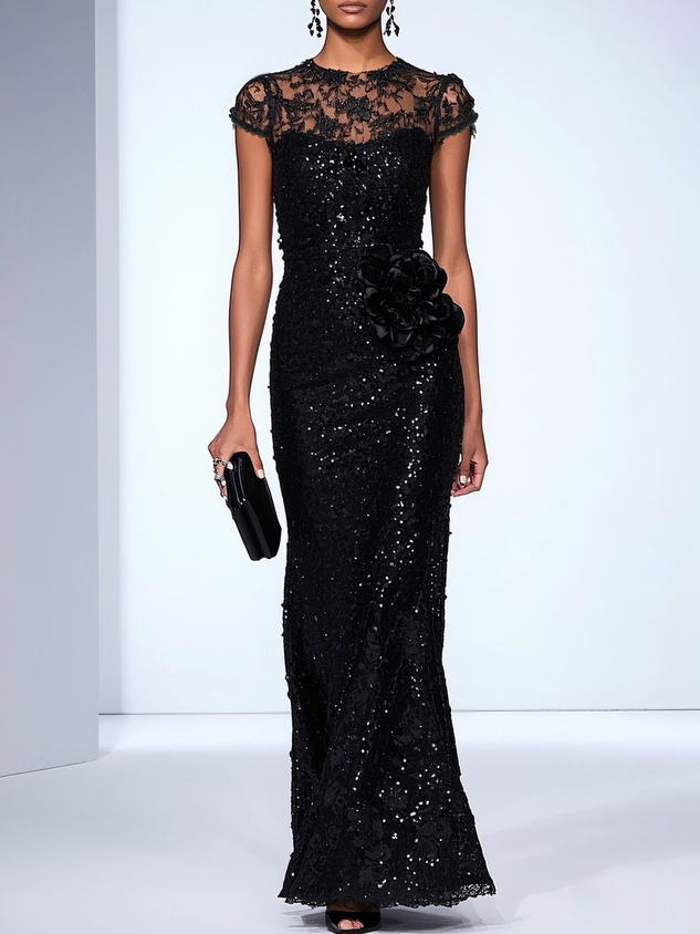 Black 3D Floral Lace Sequin Crew Neck Short Sleeve Sheath Maxi Dress