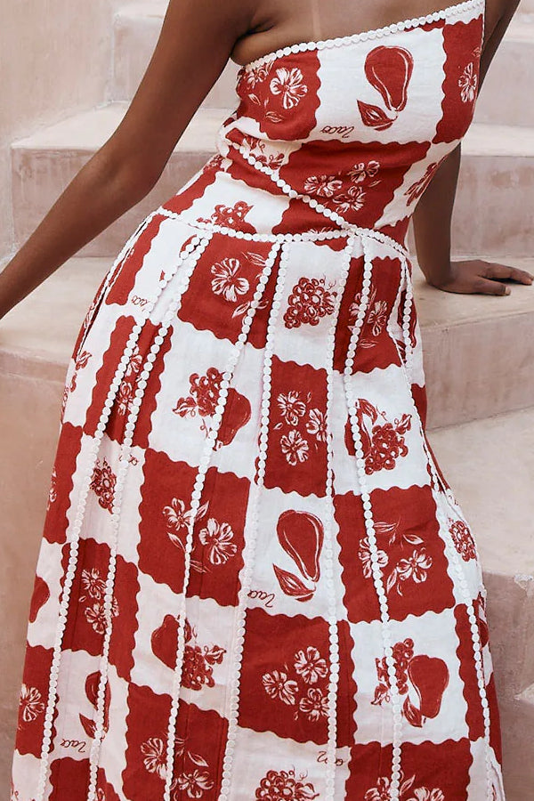 Linen Blend Unique Print One Shoulder Flared Maxi Dress