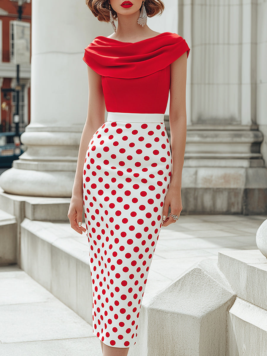 Off-Shoulder Draped Bodice Polka Dot Pencil Midi Dress
