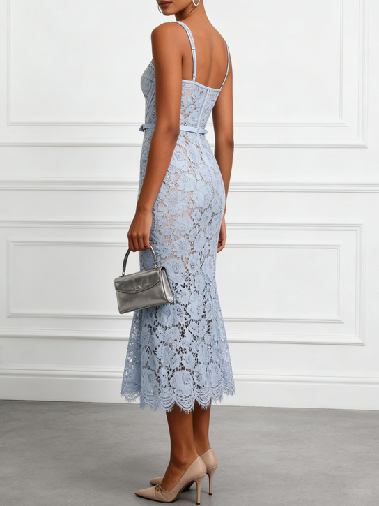 Light Blue Lace Sweetheart Neckline Sleeveless Mermaid Midi Dress
